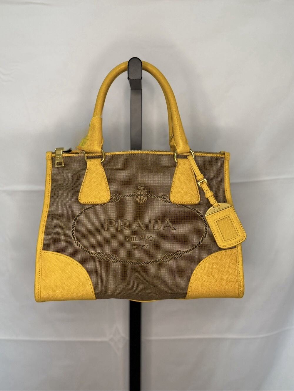 Prada Yellow/Beige Logo Jacquard and Leather Double Zip Tote